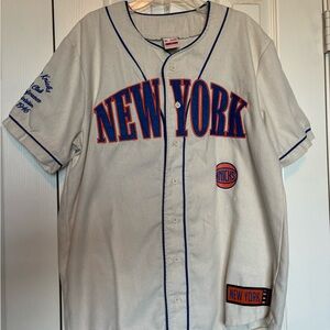 Cream/Tan New York Knicks NBA Baseball Style Button-Up Embroidered Jersey S